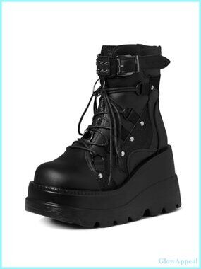 Goth Platform Boots Women Chunky Wedge Heel Lace Up Vegan PU Leather